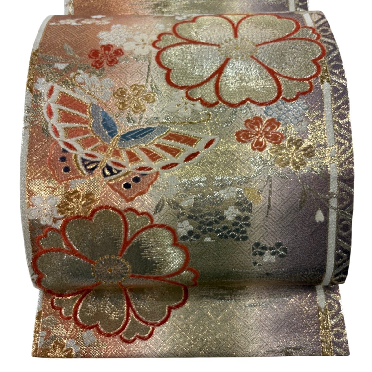 袋帯 秀品 桜 蝶 箔 唐織 ピンクベージュ 六通 正絹｜中古・古着