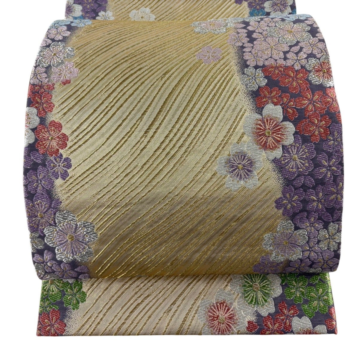 袋帯 秀品 桜 よろけ縞 金銀糸 唐織 金色 六通 正絹｜中古・古着