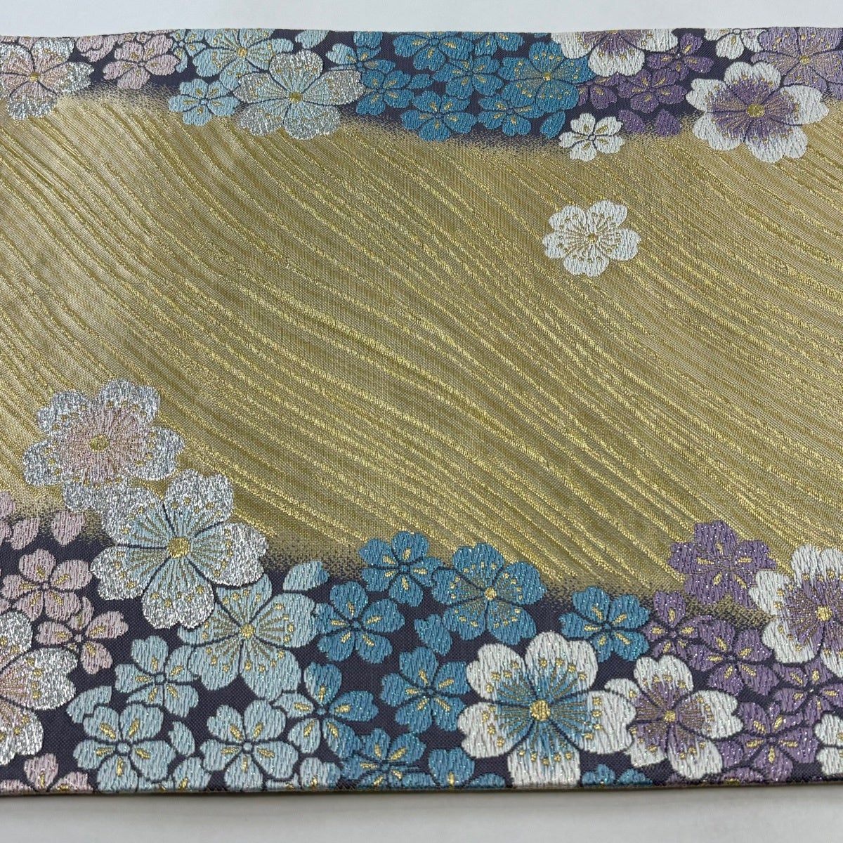 50%OFF 袋帯 秀品 桜 よろけ縞 金銀糸 唐織 金色 六通 正絹 K50｜中古