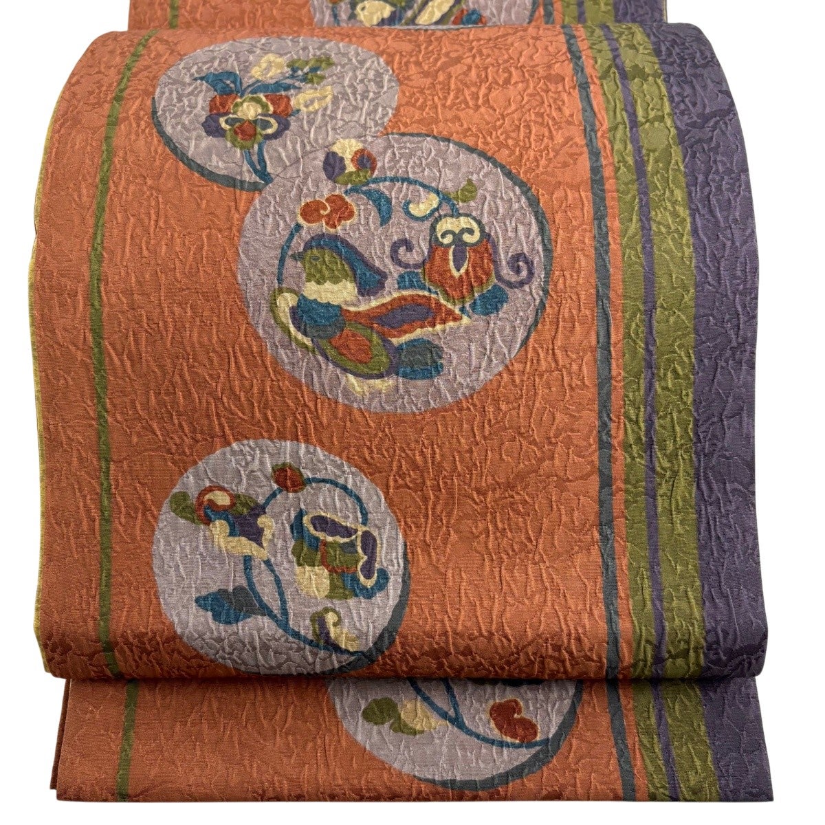 美品】 袋帯 秀品 やまと 鳥 草花 赤茶 全通 正絹｜中古・古着