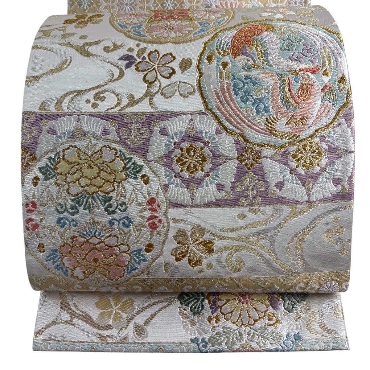 美品】 袋帯 秀品 華文 鳥丸文 金糸 唐織 クリーム 六通 正絹｜中古