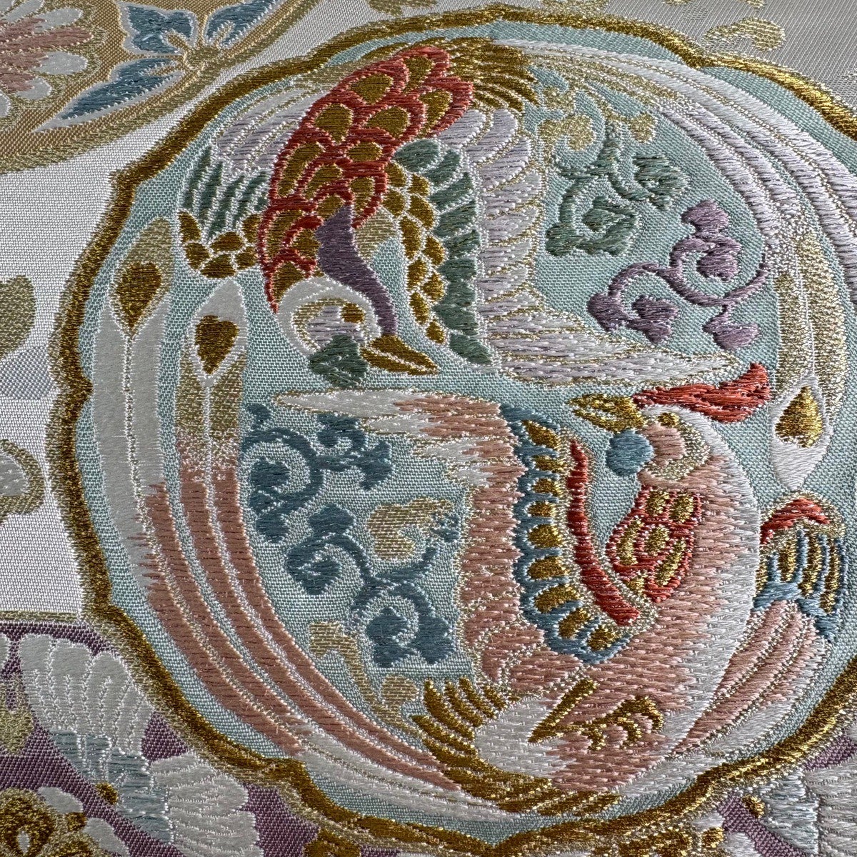 美品】 袋帯 秀品 華文 鳥丸文 金糸 唐織 クリーム 六通 正絹｜中古