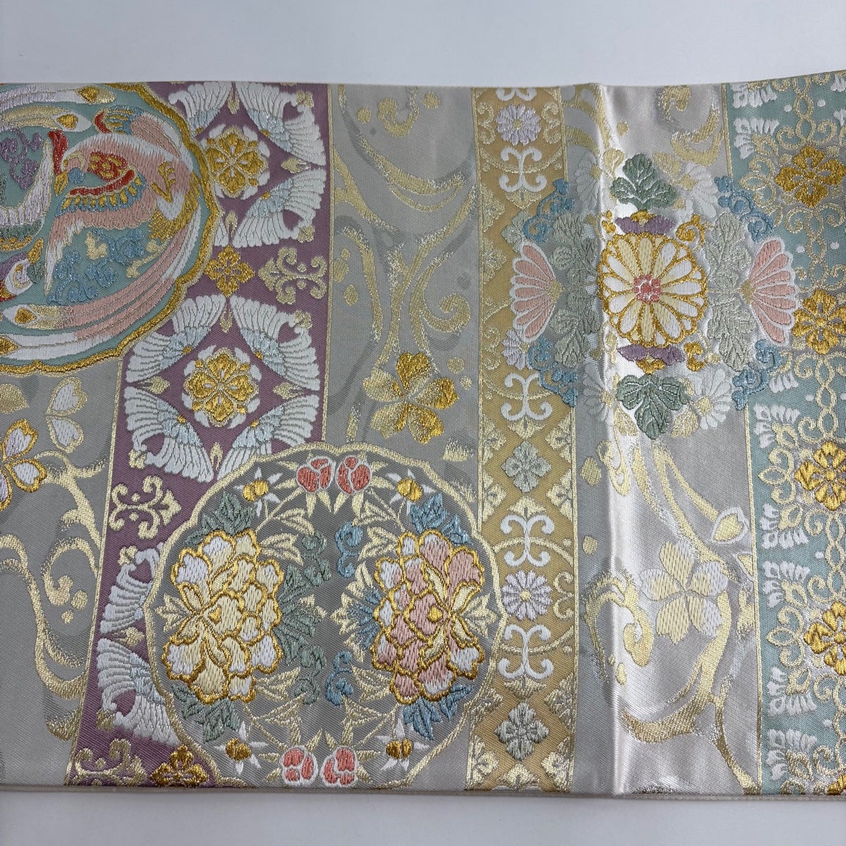 美品】 袋帯 秀品 華文 鳥丸文 金糸 唐織 クリーム 六通 正絹｜中古