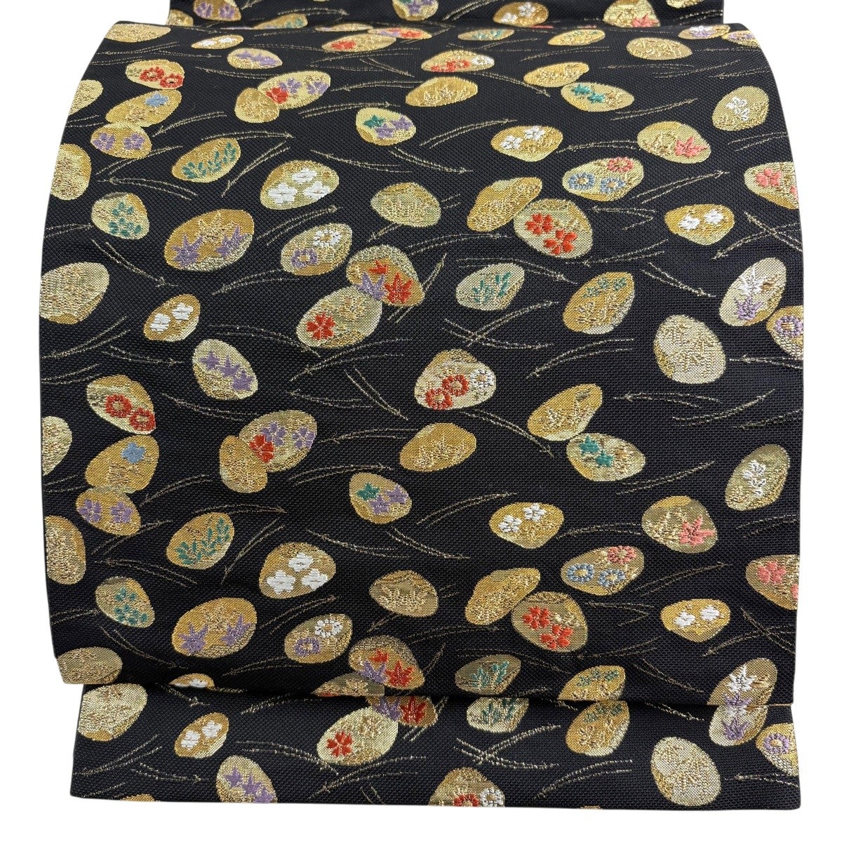 袋帯　貝合わせ　荒磯　唐織　金糸　着物　042w o 美品】 袋帯 秀品 貝合わせ 松葉 金糸 箔 黒 六通 正絹｜中古・古着