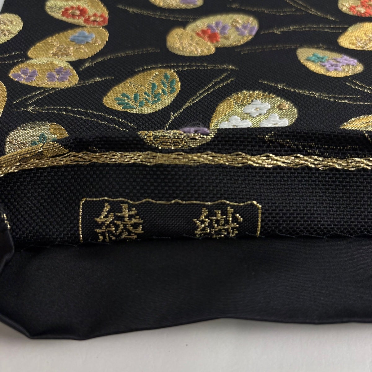 袋帯　貝合わせ　荒磯　唐織　金糸　着物　042w o 美品】 袋帯 秀品 貝合わせ 松葉 金糸 箔 黒 六通 正絹｜中古・古着