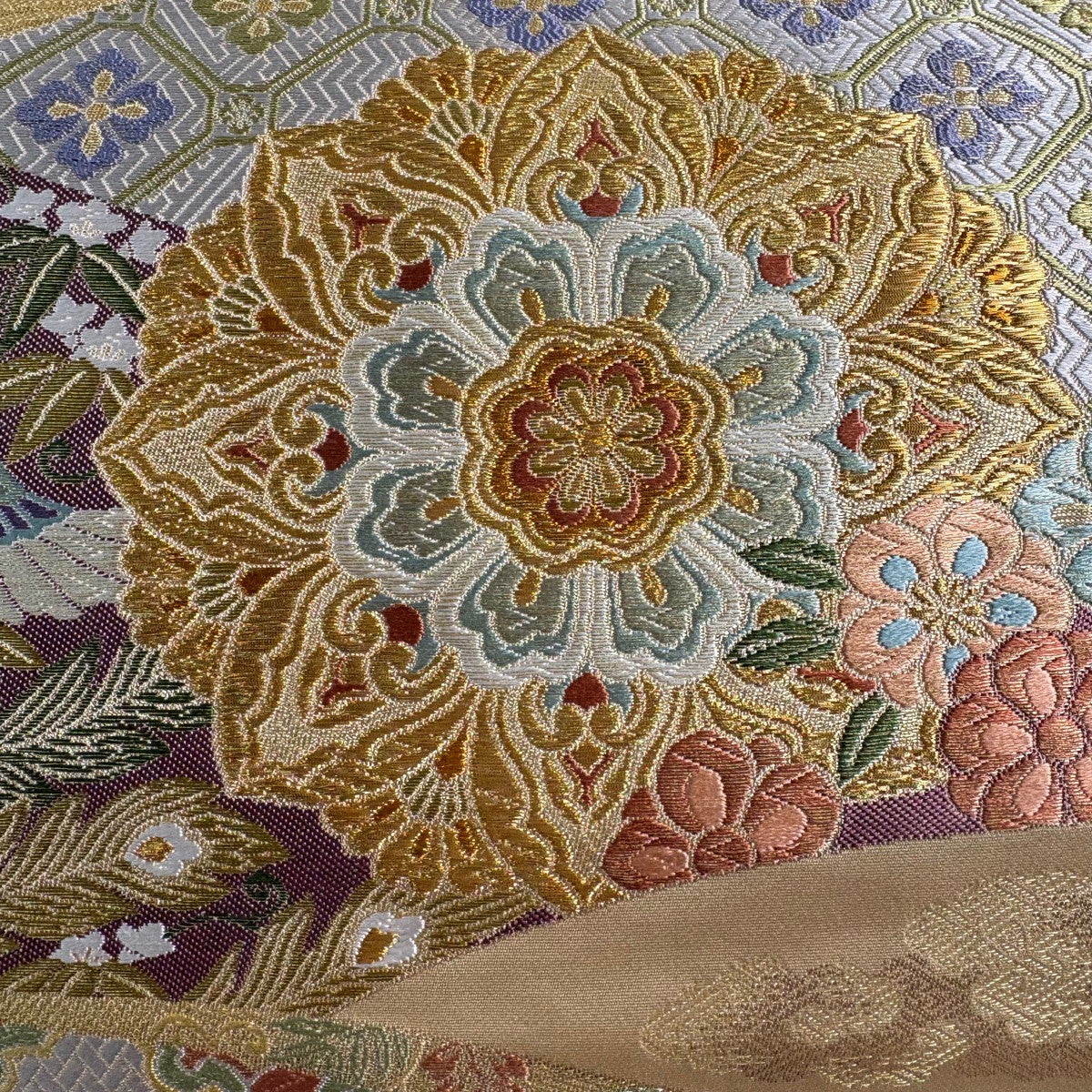 510my6▲宝相華 鳥 花唐草 華文小花文様 金糸 袋帯▲美品 美品】 袋帯 秀品 華文 花鳥 金糸 箔 金色 六通 正絹｜中古・古着