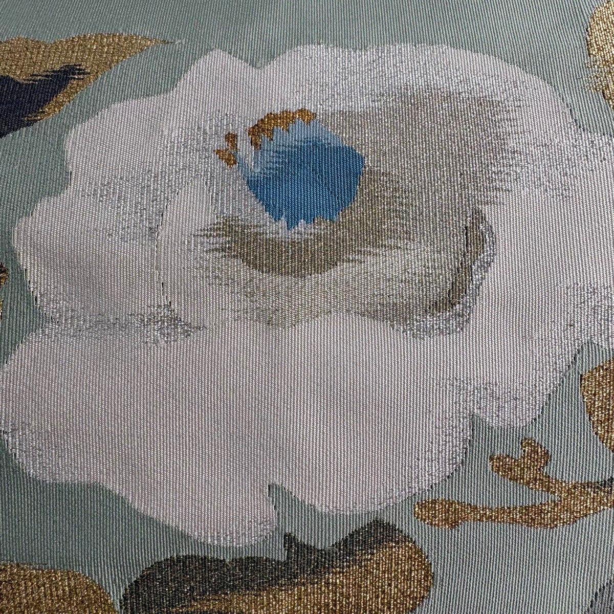 美品】 名古屋帯 秀品 落款あり 草花 金銀糸 薄緑 正絹｜中古・古着