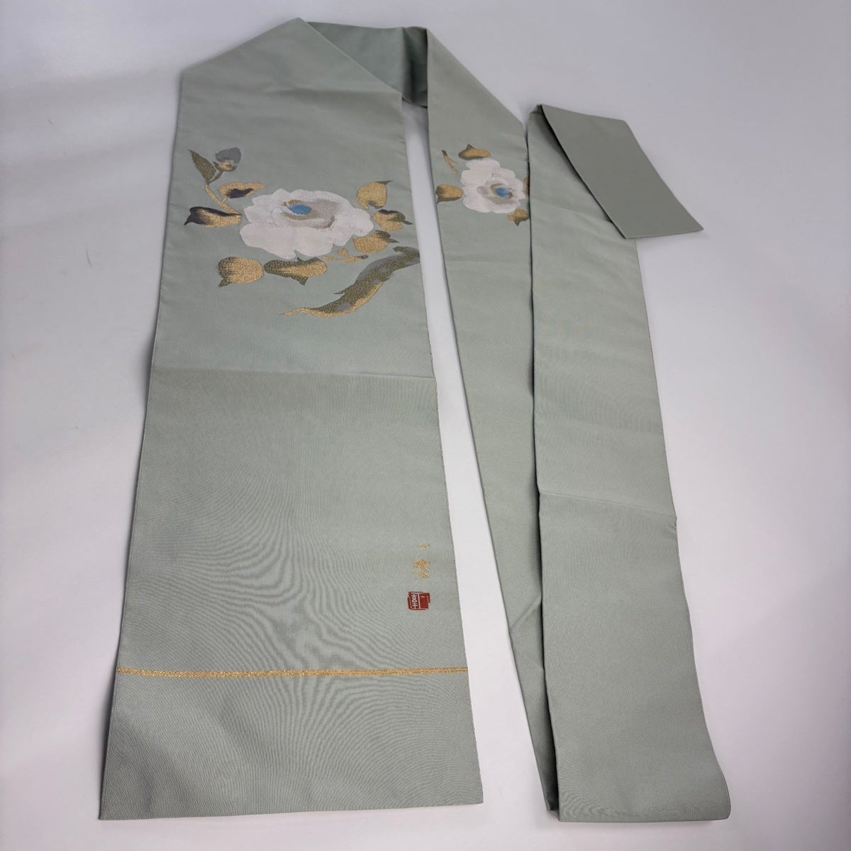 美品】 名古屋帯 秀品 落款あり 草花 金銀糸 薄緑 正絹｜中古・古着