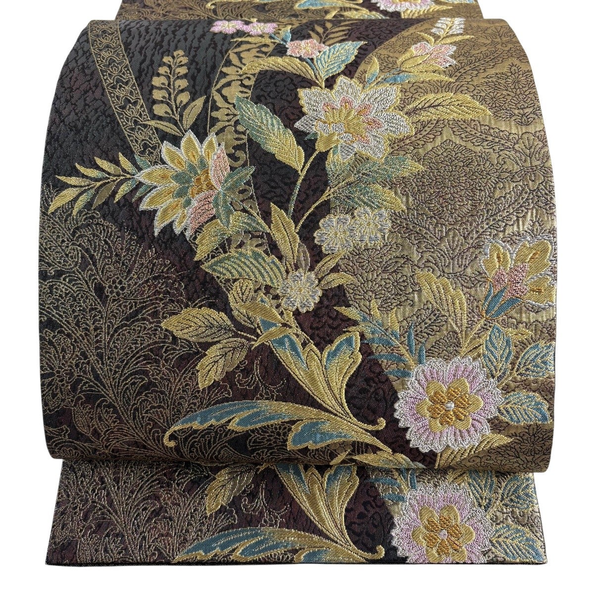 袋帯　金糸　銀糸　芝草　花模様　黒地　着物　014b d ms 美品】 袋帯 秀品 草花 金銀糸 箔 茶紫 六通 正絹｜中古・古着