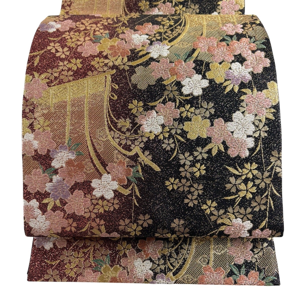 美品】 袋帯 秀品 振袖向き 几帳 桜 金糸 箔 黒 六通 正絹｜中古・古着