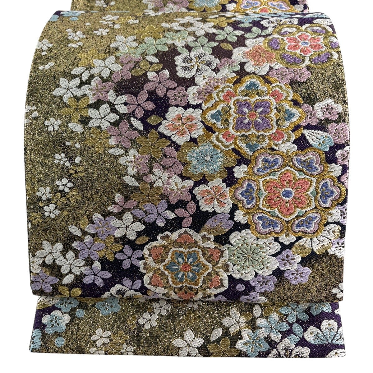 袋帯 秀品 華文 花 金銀糸 金通し 濃紫 六通 正絹｜中古・古着