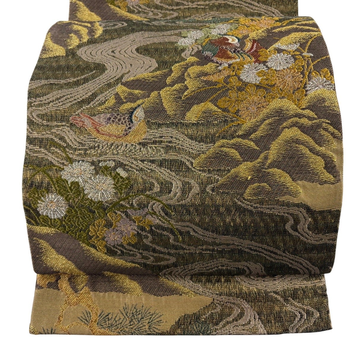 袋帯 秀品 鳥 菊 金銀糸 箔 茶緑色 六通 正絹｜中古・古着・リサイクル