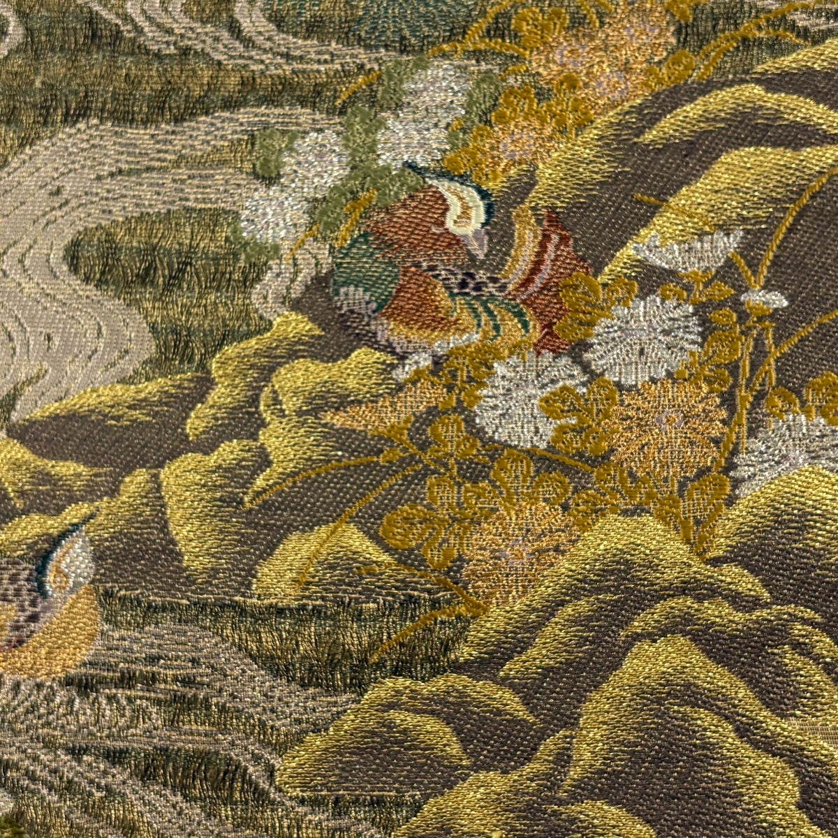 袋帯 秀品 鳥 菊 金銀糸 箔 茶緑色 六通 正絹｜中古・古着・リサイクル