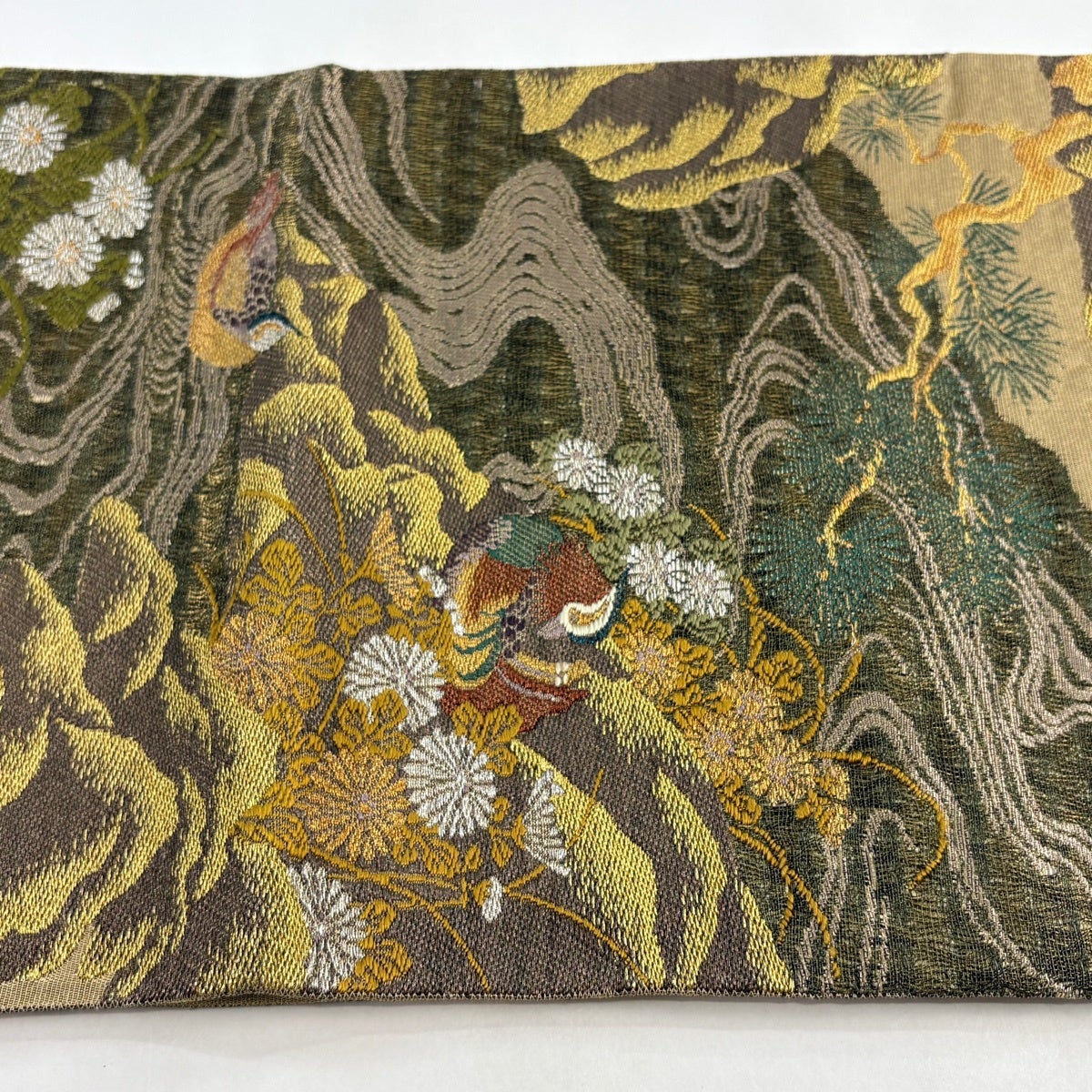 袋帯 秀品 鳥 菊 金銀糸 箔 茶緑色 六通 正絹｜中古・古着・リサイクル