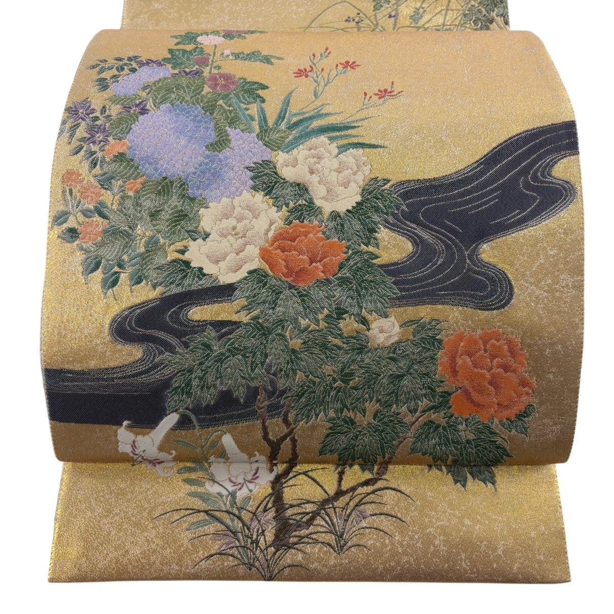 美品】 袋帯 秀品 草花 流水 金糸 箔 金色 お太鼓柄 正絹｜中古・古着