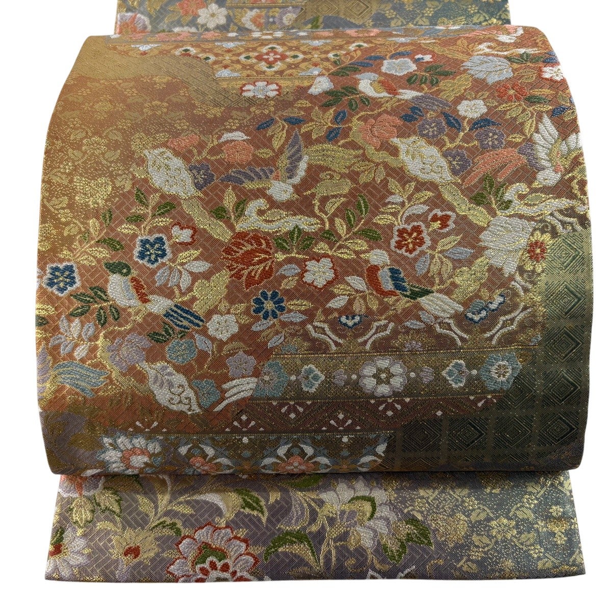 美品】 袋帯 秀品 花鳥 華文 刺繍 箔 赤茶 六通 正絹｜中古・古着