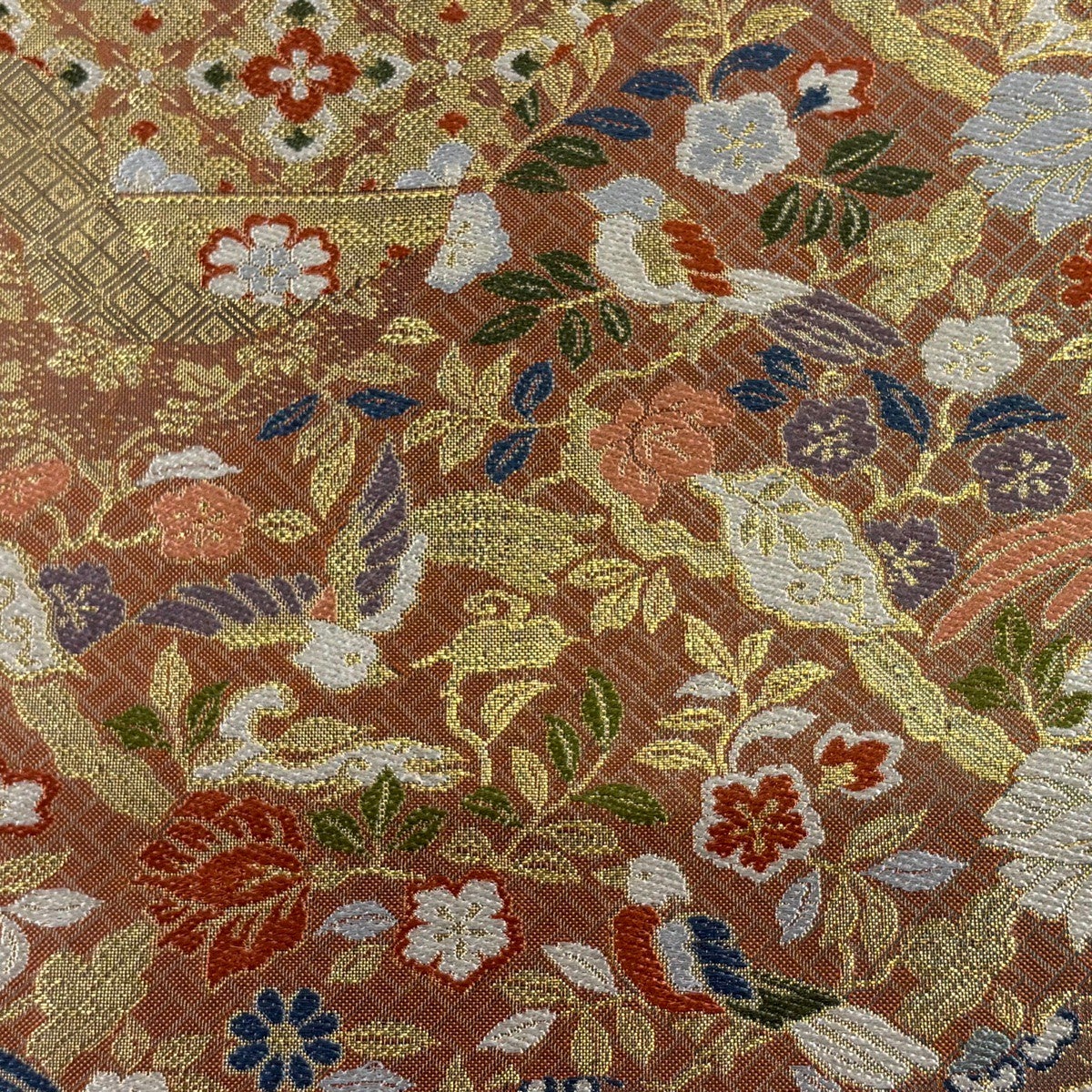 美品】 袋帯 秀品 花鳥 華文 刺繍 箔 赤茶 六通 正絹｜中古・古着