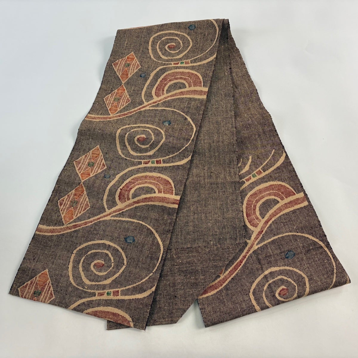 美品】 名古屋帯 秀品 八寸名古屋帯 松葉仕立て 渦巻き 菱 茶色 正絹