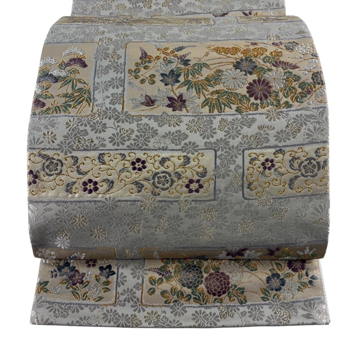 美品】 袋帯 秀品 秋草 花唐草 金銀糸 箔 灰色 六通 正絹｜中古・古着