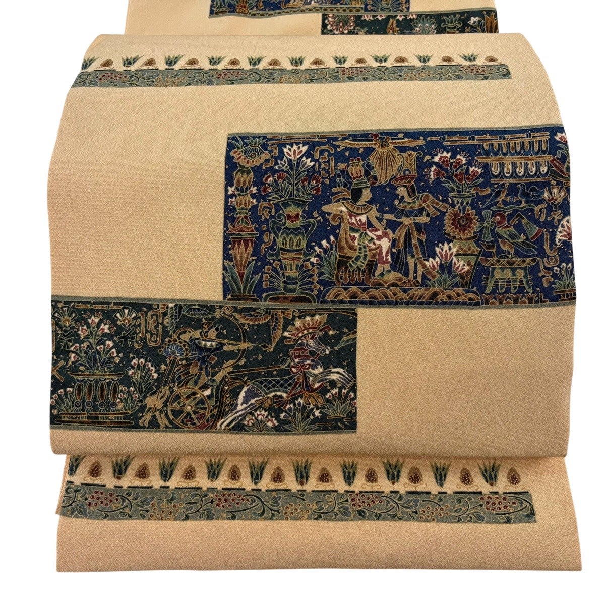 美品】 開き名古屋帯 秀品 コプト柄 花鳥 金彩 薄オレンジ 正絹｜中古