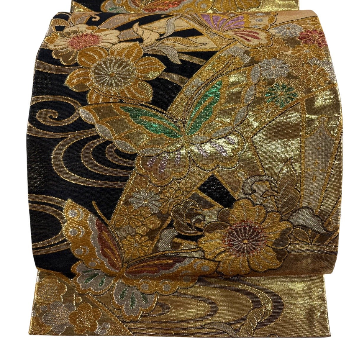 美品】 袋帯 秀品 振袖向き 蝶 草花 金糸 箔 黒 六通 正絹｜中古・古着