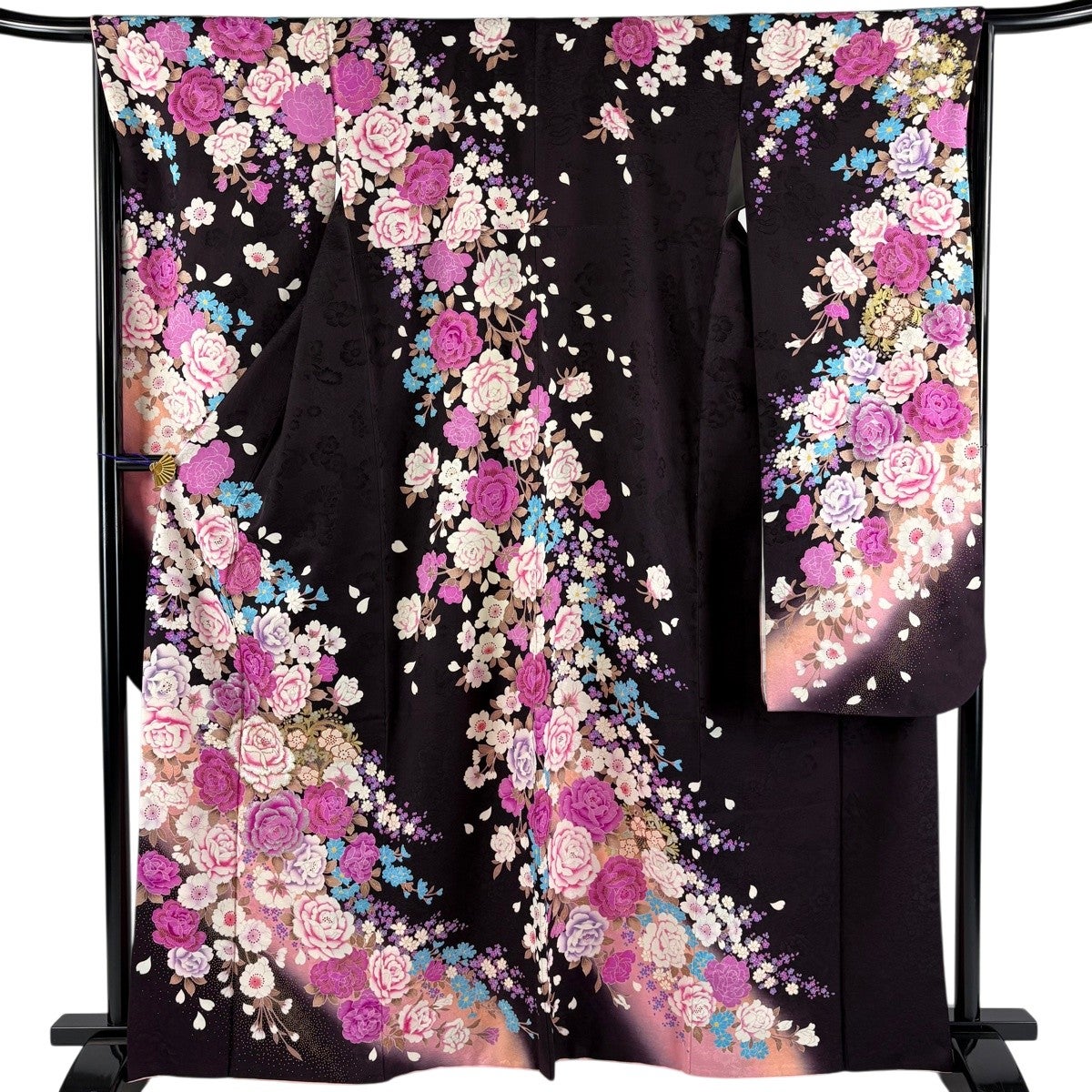 美品】 振袖 身丈160cm 裄丈66cm M 袷 草花 ぼかし 濃紫 正絹 秀品