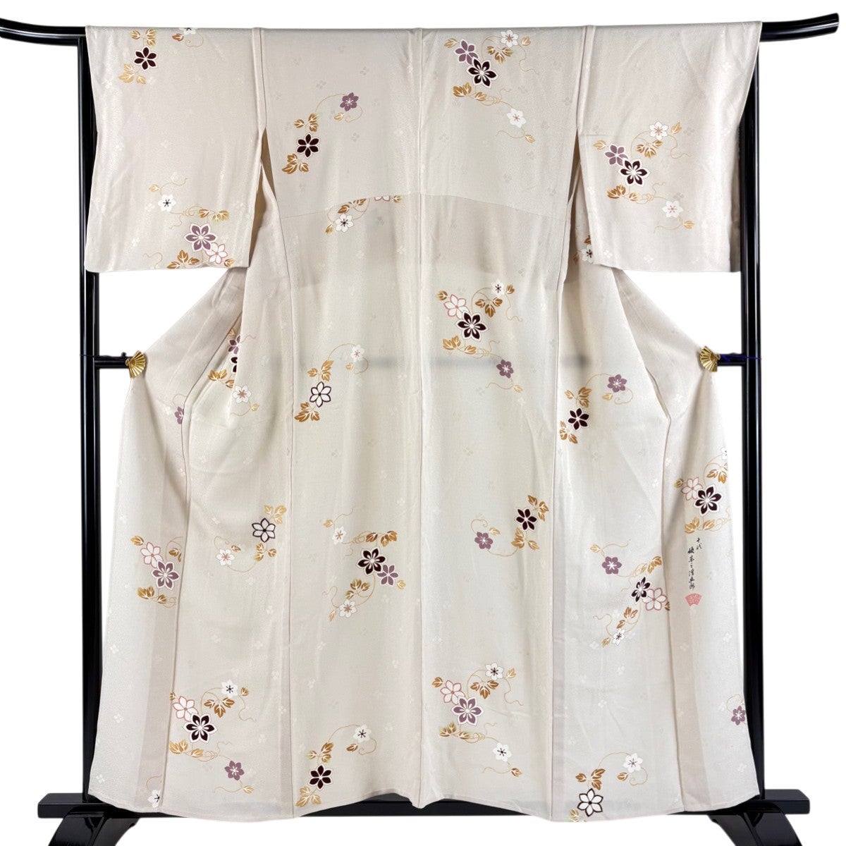 小紋 身丈158cm 裄丈67cm 正絹 秀品 【中古】 美品】 小紋 身丈158cm 裄丈67cm M 袷 鮫 地紋 ぼかし 灰緑 正絹 秀品