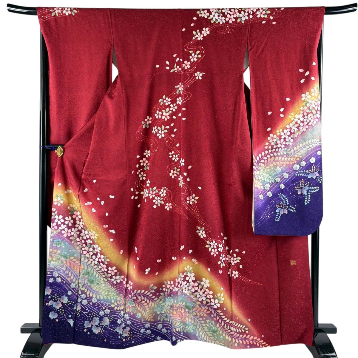 振袖 身丈163cm 裄丈66.5cm 正絹 名品 【中古】 振袖 身丈162cm 裄丈67.5cm L 袷 桜 梅 銀通し 箔 青 正絹 名品 【中古
