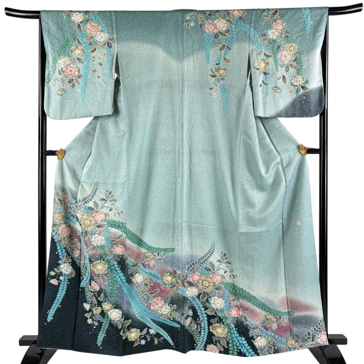 訪問着 身丈169cm 裄丈66.5cm M 袷 草花 絞り 薄緑 正絹 秀品｜中古