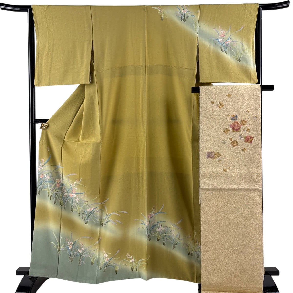 訪問着 身丈162cm 裄丈65cm M 袷 袋帯セット 落款あり 草花 ぼかし 薄