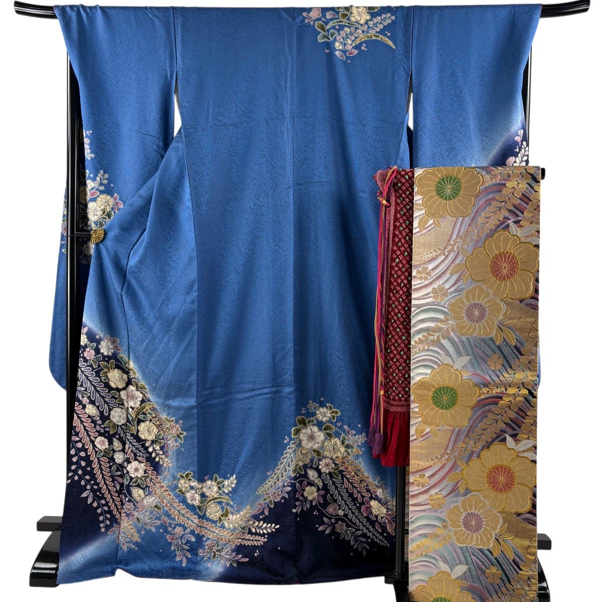 振袖 紺色 辻ヶ花 正絹 【中古】 身丈162cm 裄丈66.5cm 振袖 身丈172cm 裄丈70.5cm L 袷 袋帯フルセット 辻が花 地紋 金通し