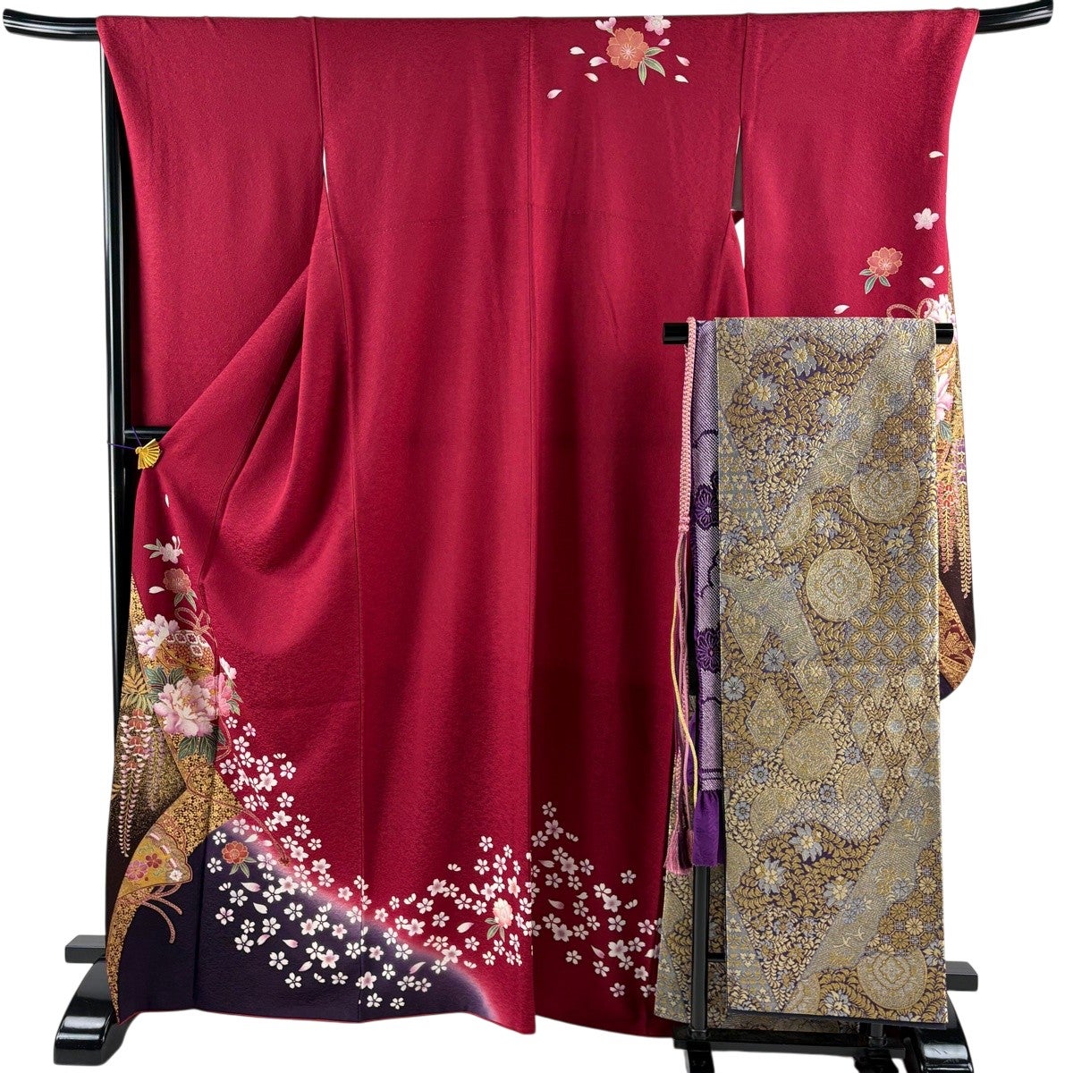 振袖 身丈168cm 裄丈68.5cm L 袷 袋帯フルセット 鈴 牡丹 金糸 金彩 赤