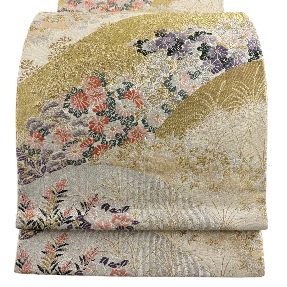 美品】 袋帯 秀品 夏帯 関西仕立て 椿 松竹 金銀糸 クリーム 六通 正絹