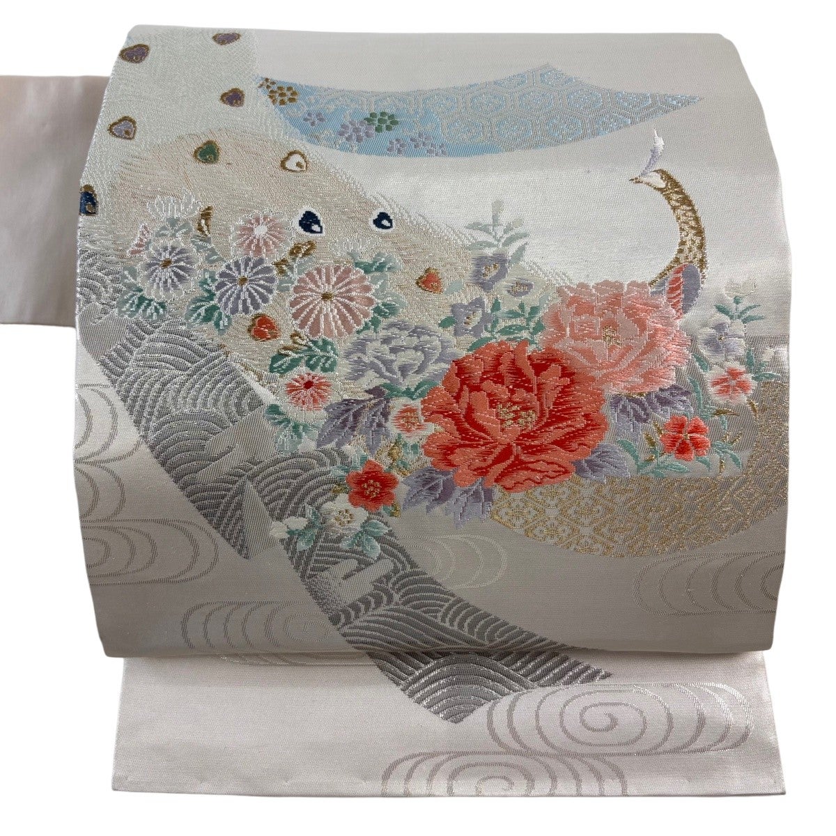 新品 正絹 名古屋帯 作家物 落款 金糸銘銀白色 墨絵流し調流水紋様 織り出し 名古屋帯 優品 孔雀 牡丹 箔 金糸 灰白 正絹｜中古・古着・リサイクル