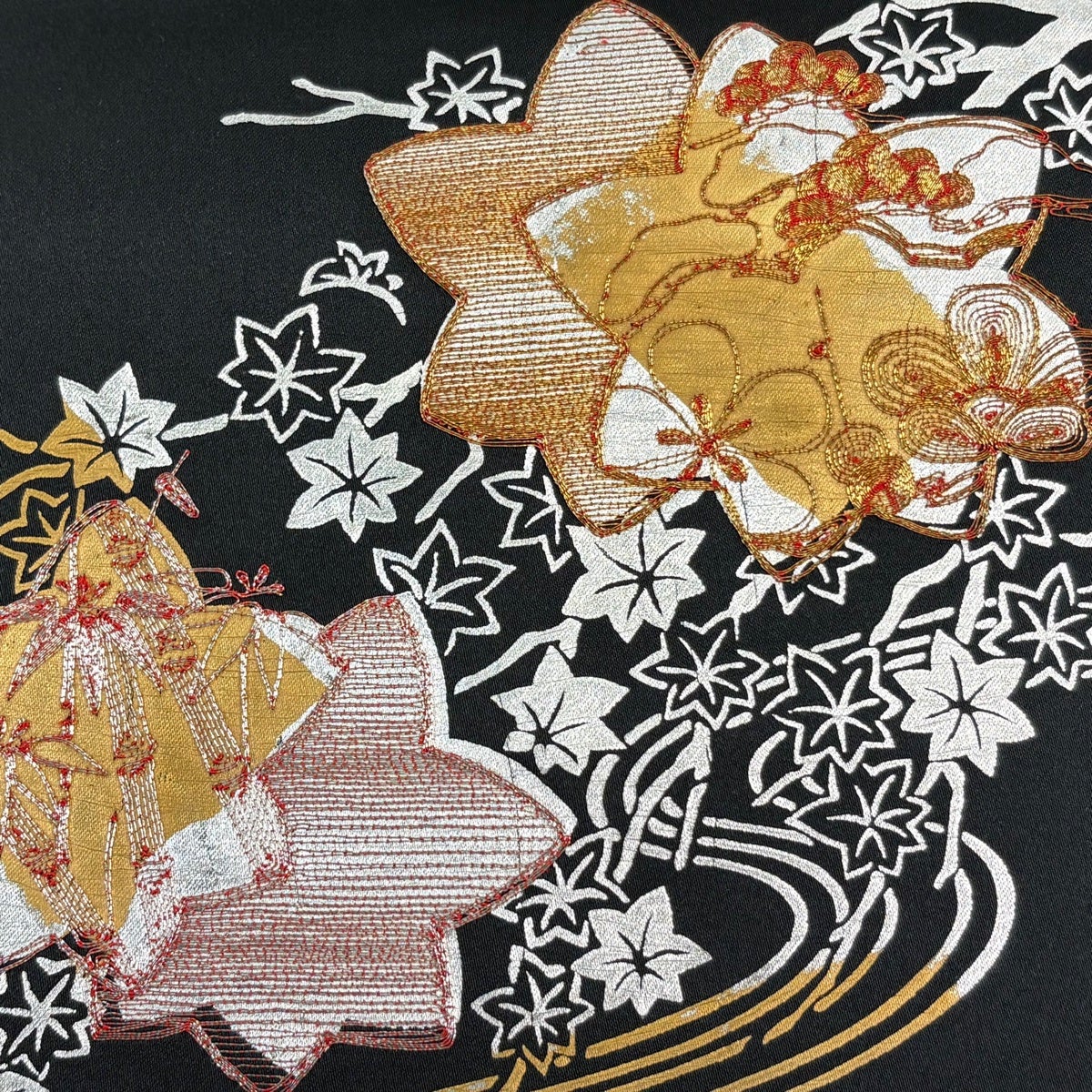名古屋帯 優品 八寸名古屋帯 松葉仕立て 楓 松竹梅 金銀糸 金銀彩 黒