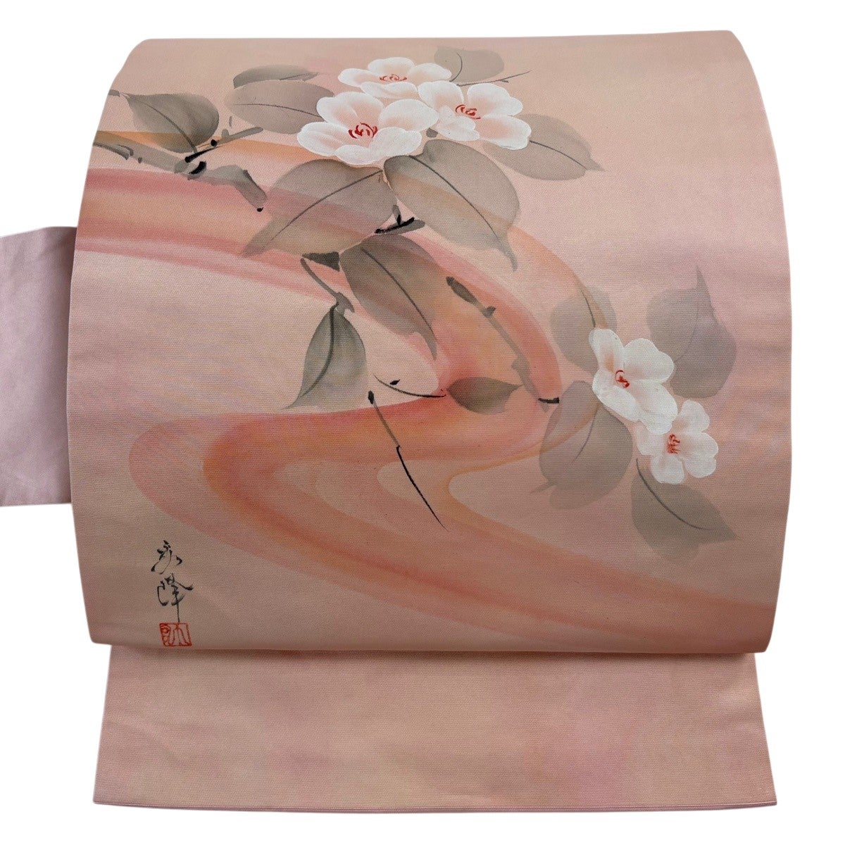 美品】 名古屋帯 優品 落款あり 枝花 流水 箔 ピンク 正絹｜中古・古着