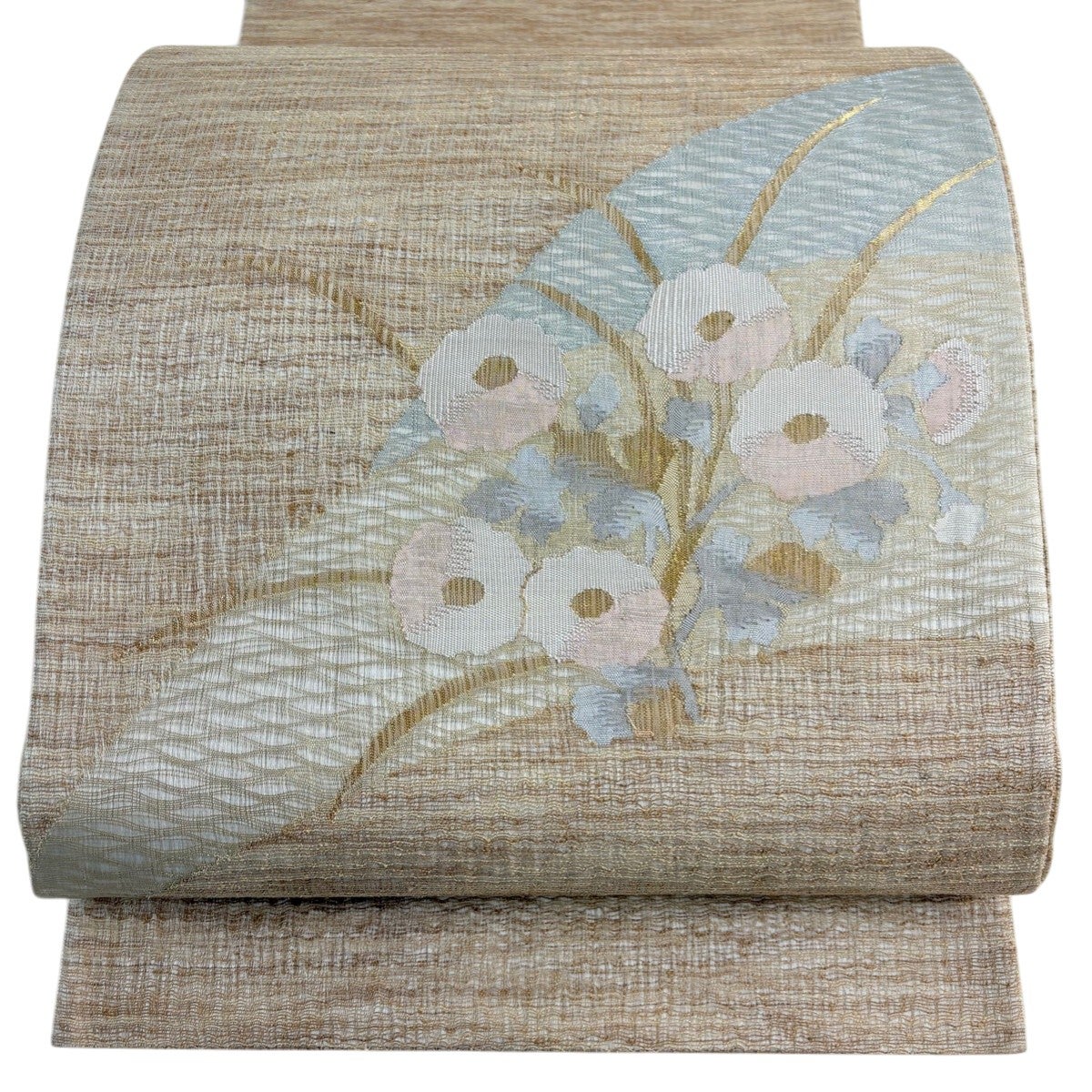 名古屋帯 秀品 関西仕立て 桜 萩 刺繍 金糸 薄茶色 正絹｜中古・古着