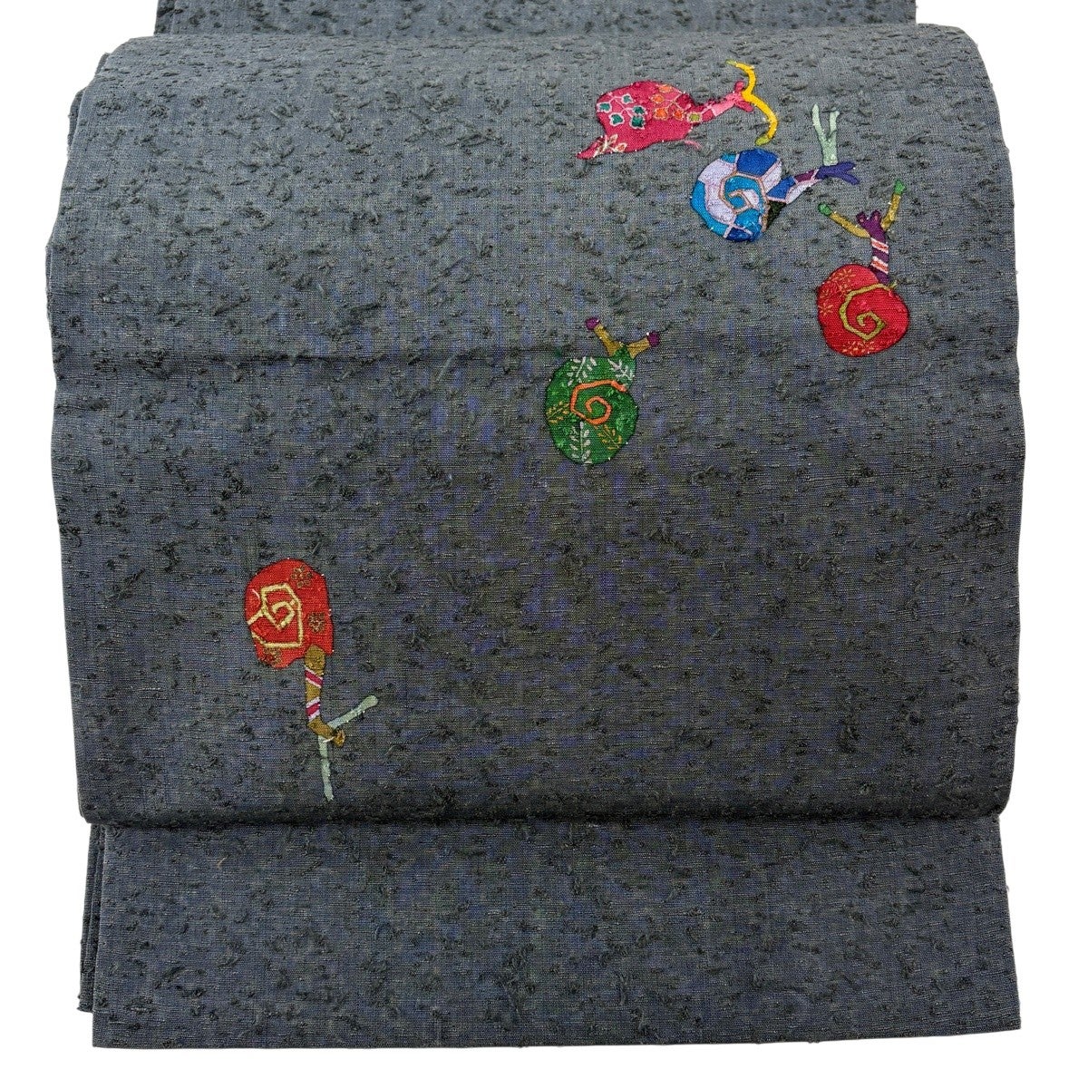 開き名古屋帯 秀品 紬地 カタツムリ でんでん虫 金彩 青緑 正絹｜中古