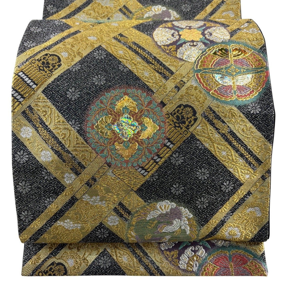 袋帯 秀品 草花 金彩 螺鈿 金色 お太鼓柄 正絹｜中古・古着