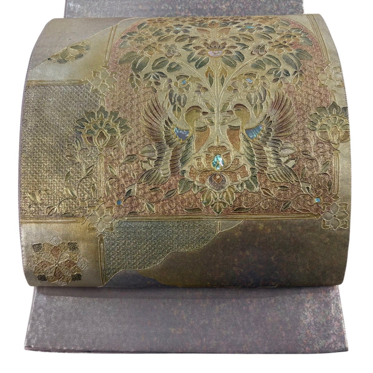 美品】 袋帯 秀品 梅松 鳥 金彩 螺鈿螺 金茶 お太鼓柄 正絹｜中古