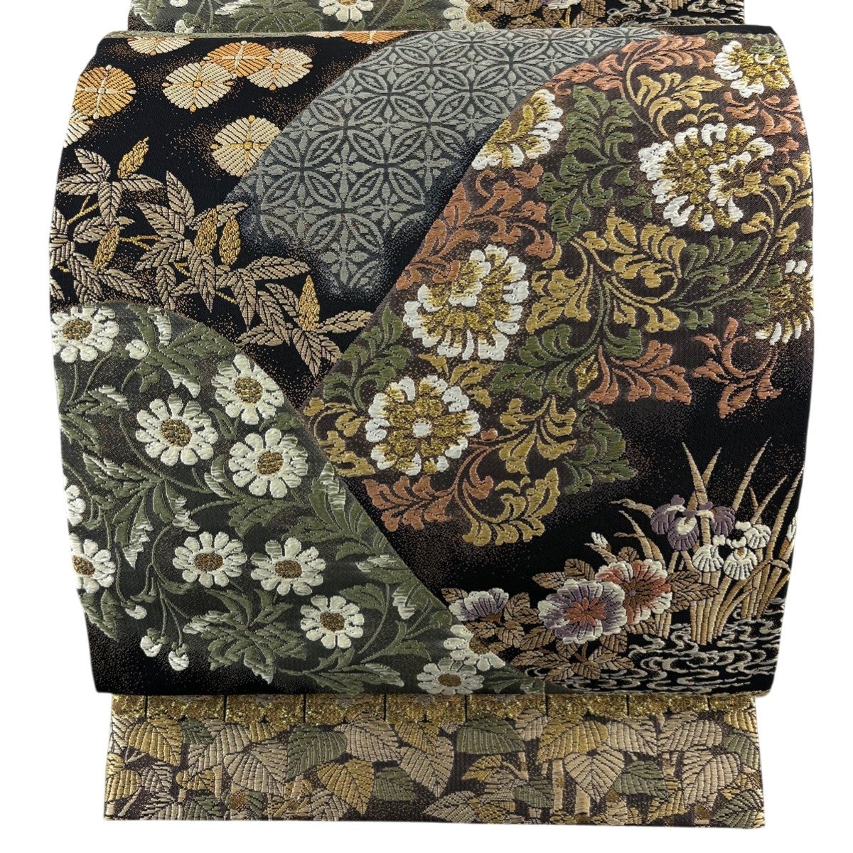袋帯 秀品 華文 花唐草 金糸 箔 灰緑 六通 正絹｜中古・古着