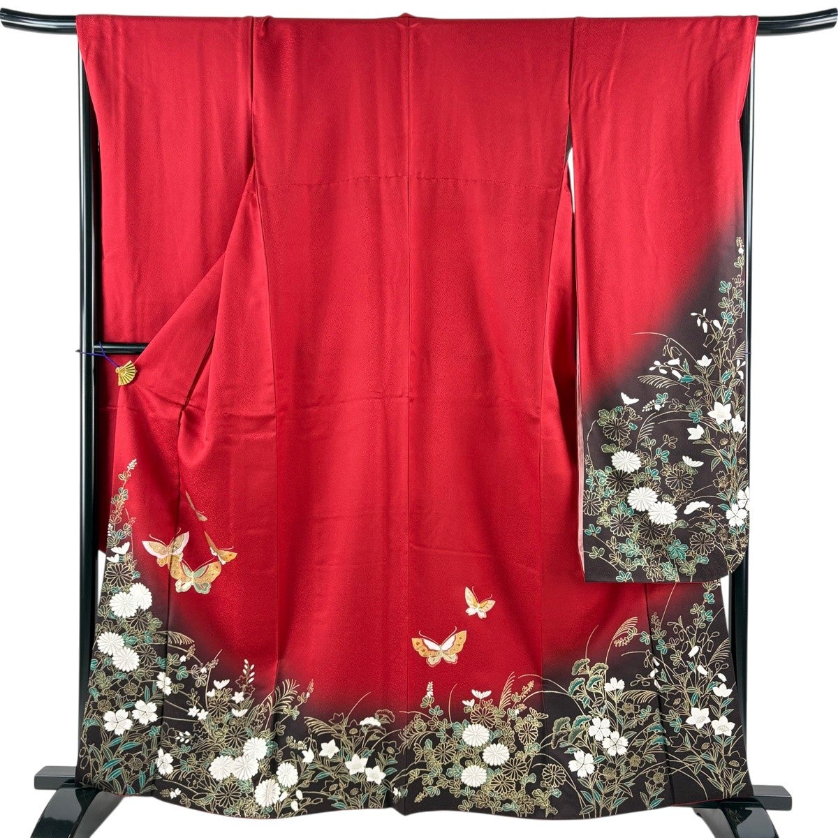 【美品】 振袖 身丈166.5cm 裄丈68cm 正絹 秀品 【中古】 振袖 身丈166.5cm 裄丈68cm L 袷 蝶 菊 金銀彩 染め分け 緑 正絹 秀品
