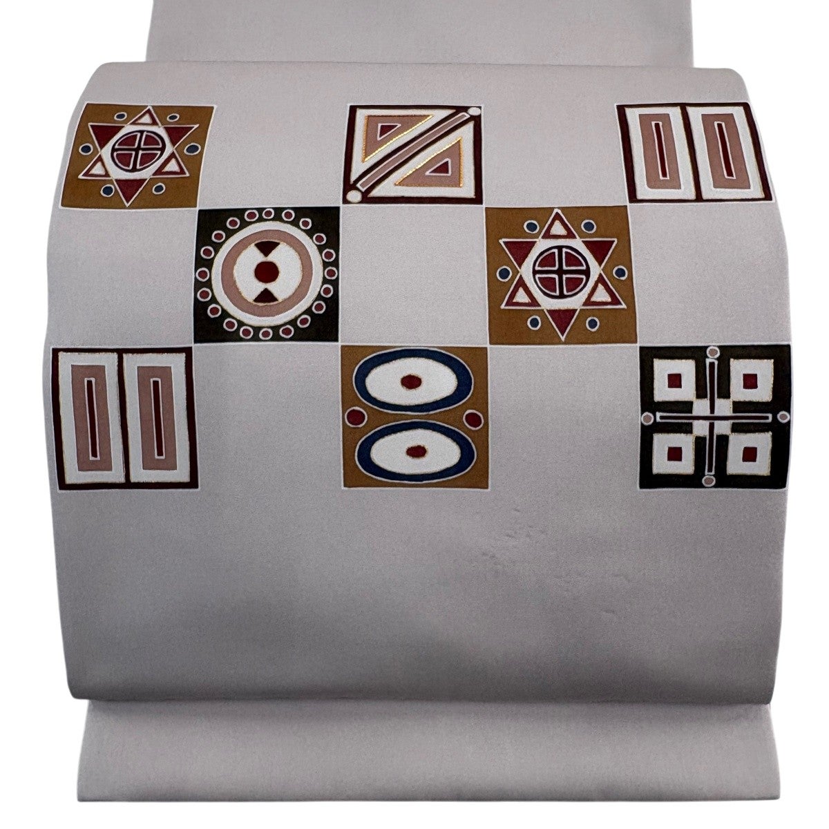 開き名古屋帯 秀品 幾何学模様 市松模様 金糸 金彩 薄小豆 正絹｜中古