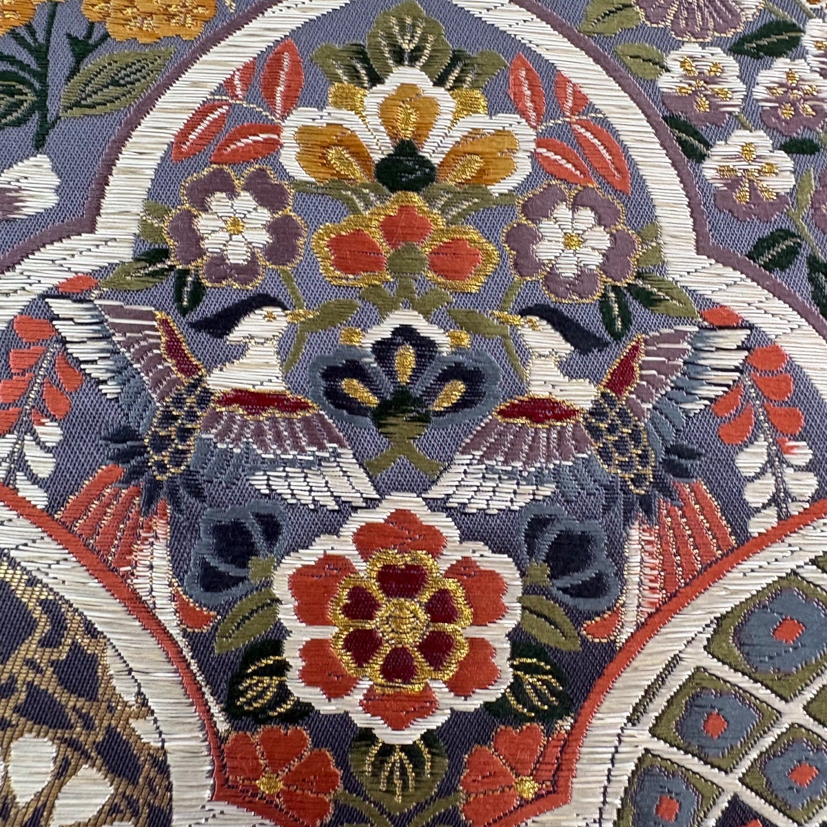 美品】 袋帯 秀品 草花 向かい鳥 箔 金糸 青灰色 六通 正絹｜中古