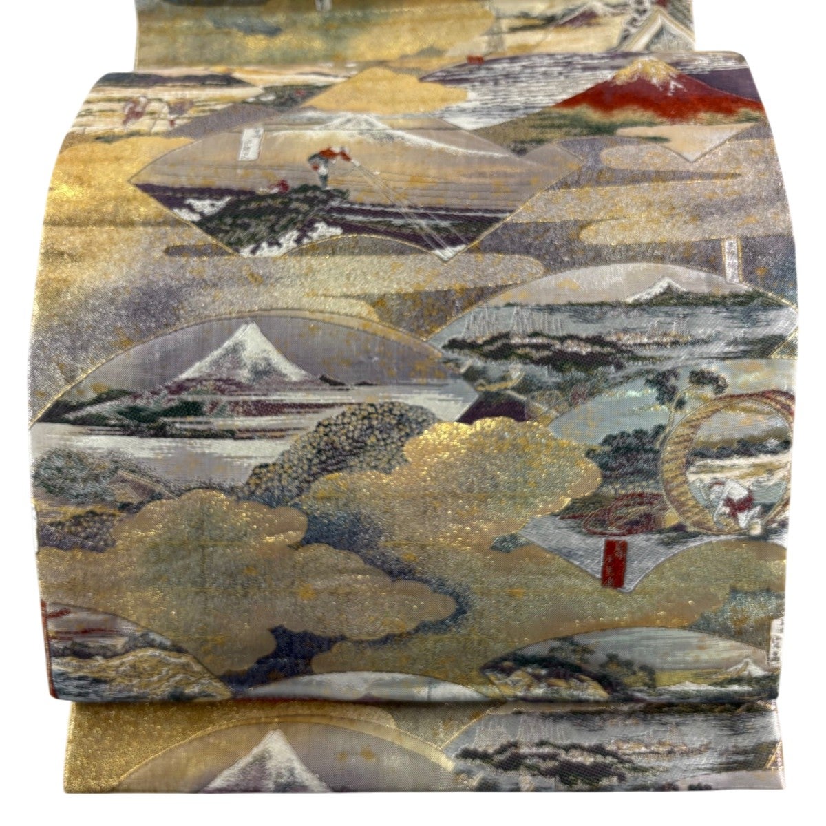 美品】 袋帯 秀品 冨嶽三十六景 全三景の壱 風景 扇面 箔 金銀糸 金色