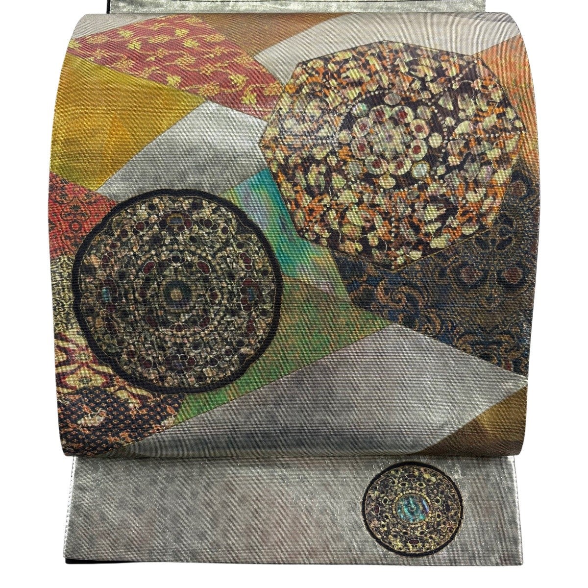 袋帯 秀品 鏡裏文 華文 箔 銀色 お太鼓柄 正絹｜中古・古着