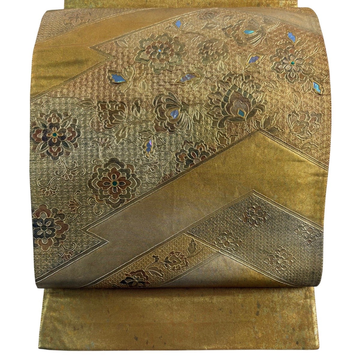袋帯 秀品 草花 金彩 螺鈿 金色 お太鼓柄 正絹｜中古・古着