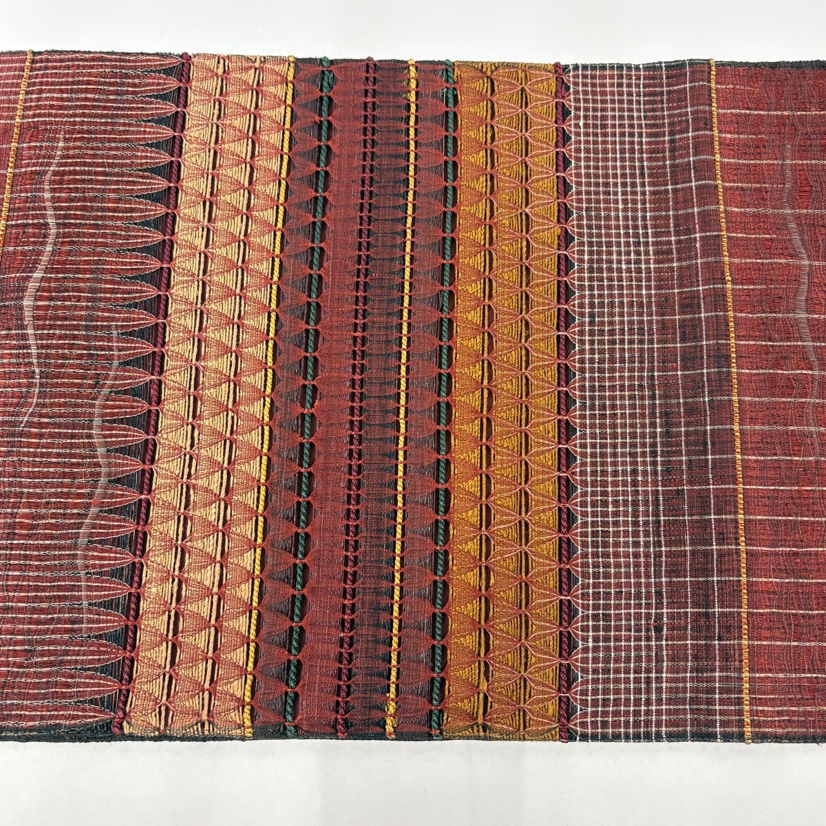 袋帯 秀品 渡文 落款あり 縞 金糸 えんじ色 お太鼓柄 正絹｜中古・古着