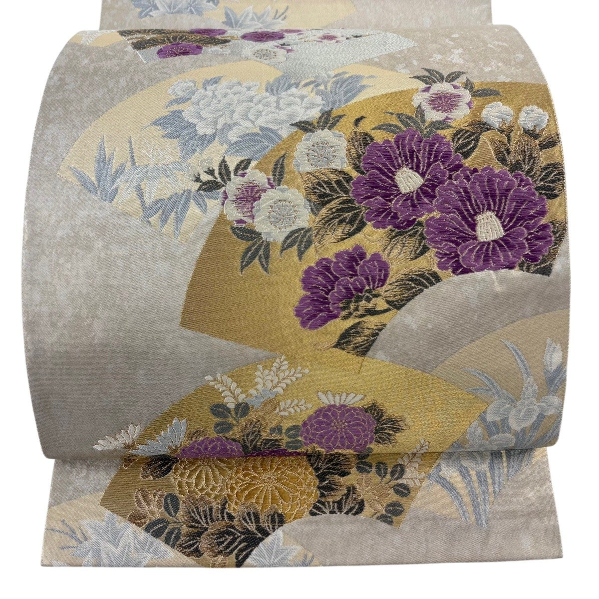 名古屋帯 秀品 落款 帝王紫 関西仕立て 花唐草 鳥 箔 クリーム 正絹 【中古】 帯 女性和服、着物