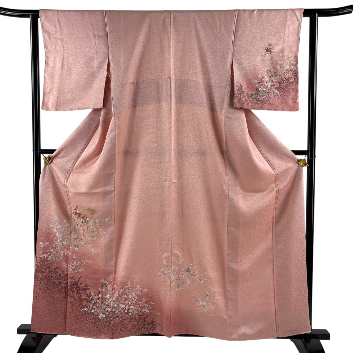 付下げ 身丈161cm 裄丈61.5cm S 袷 草花 扇面 刺繍 金糸 ピンク 正絹